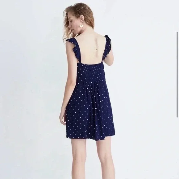 Madewell Boho Ruffle-strap Navy Polka Dot Button Down Sleeveless Sundres… - Picture 2 of 15